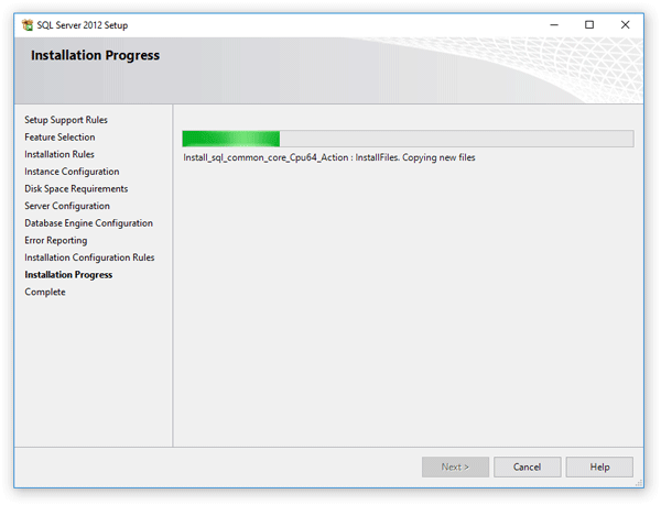 Selected features and configuration of the SQL server are being installed